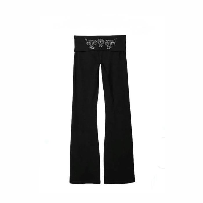 Winged Skull Flare Pants - Y2K Low Rise Fold-Over Trousers