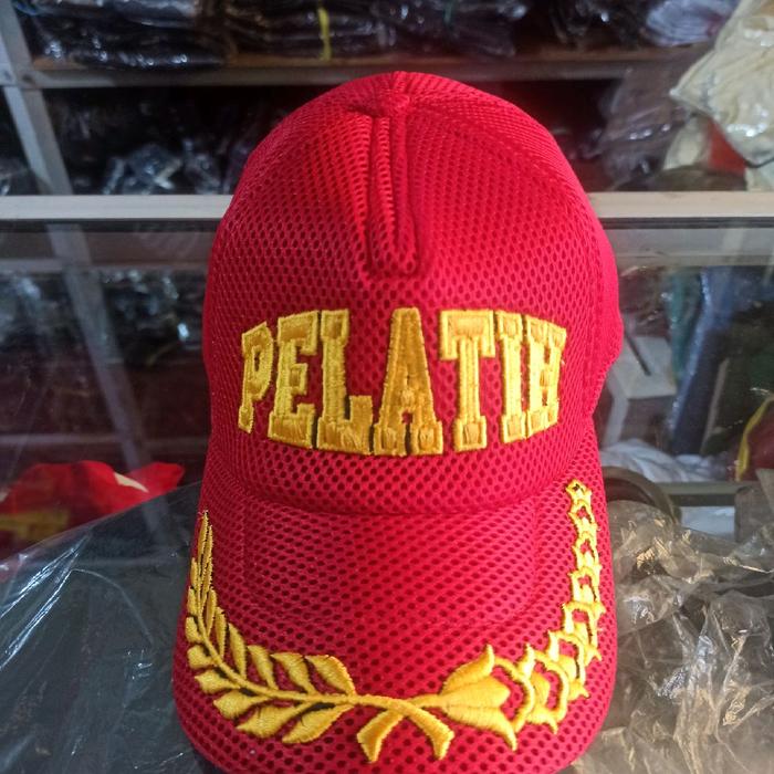 topi jaring doubelmes merah bordir pelatih pamen kuning