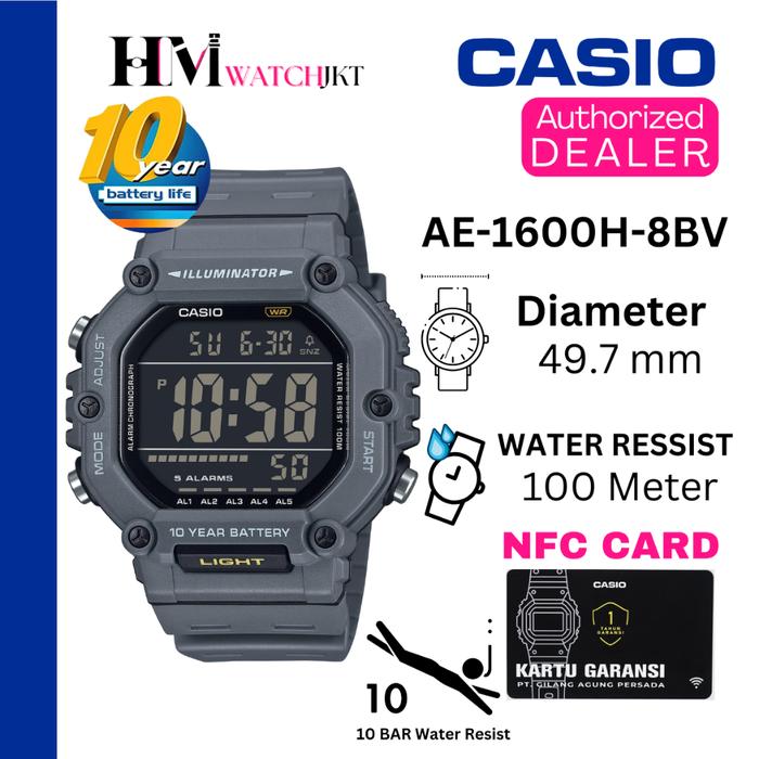 CASIO AE-1600H-8BVDF Jam Tangan Pria Original Digital Rubber Antiair AE-1600H-8BV AE-1600H