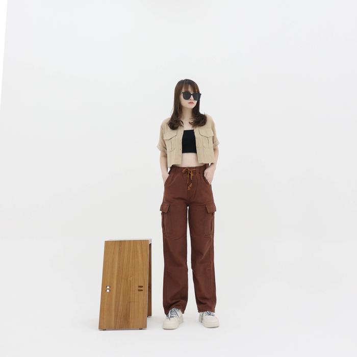 RyuJeans X50 Coklat Celana Panjang Cargo Jeans Coklat Wanita Loose Jeans Korean