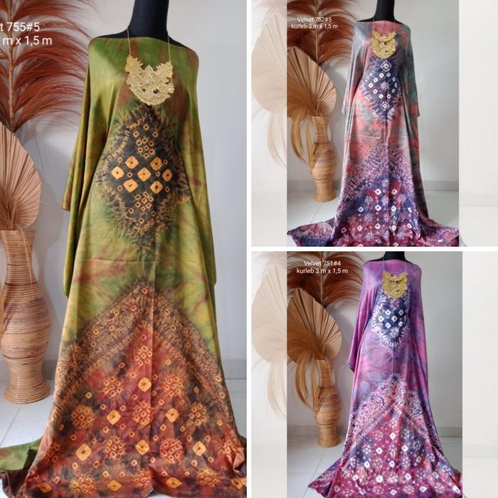 Kain Jumputan Palembang 3 Meter Hijau Bahan Dasar Velvet Handmade