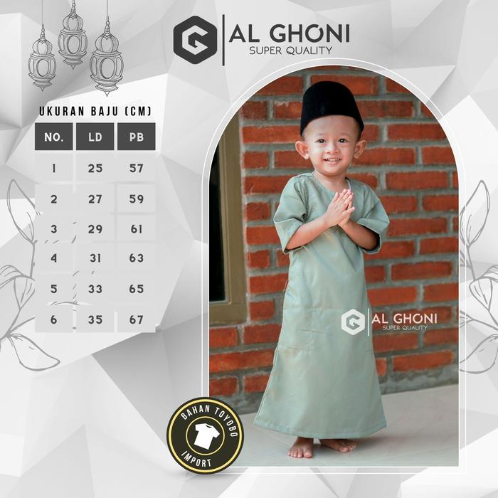 Jubah Anak Laki-laki Warna Hijau Muda Al-Ghoni Premium menggunakan bahan Toyobo Pakaian Muslim Pria 