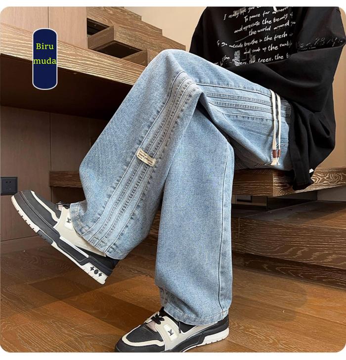 Celana Jeans Kulot Baggy Pria Premium - Model Korea Retro Aesthetic, Detail Tali Putih & Garis Sampi