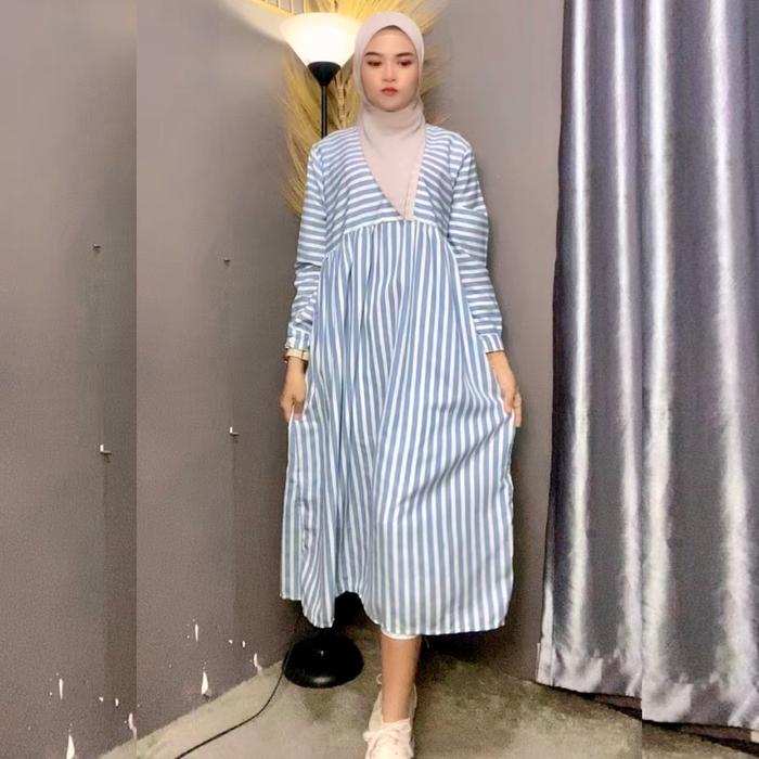 Midi Dress Wanita Muslim Katun  Tunik Motif Salur Garis Stripe Poly Rayon Atasan Panjang Viscose