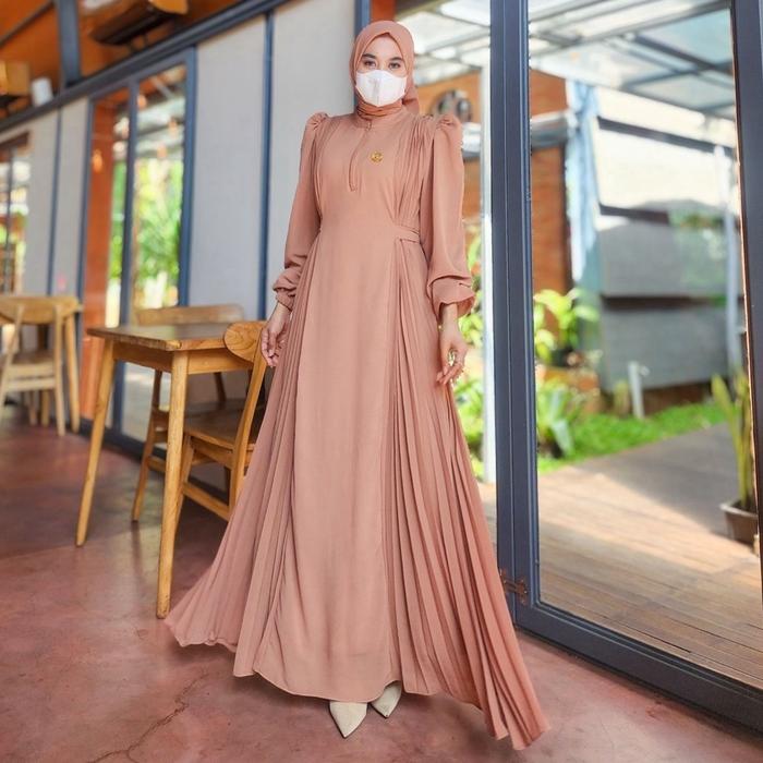 Samira Dress Set Hijab Ceruty Kombinasi Plisket Premium Gamis Muslim Wanita Polos Busui By Otty Lux