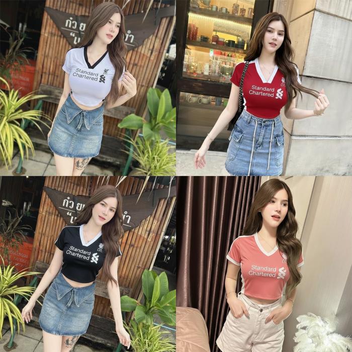 Crop Top Vneck Bahan Stretch Liverpool Wanita YNWA - Fans Club Football Edition, Crop Body Fit Dari 