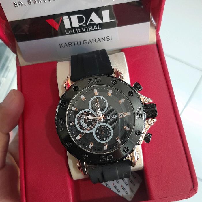 jam tangan pria merk VIRAL tali karet, crono aktif