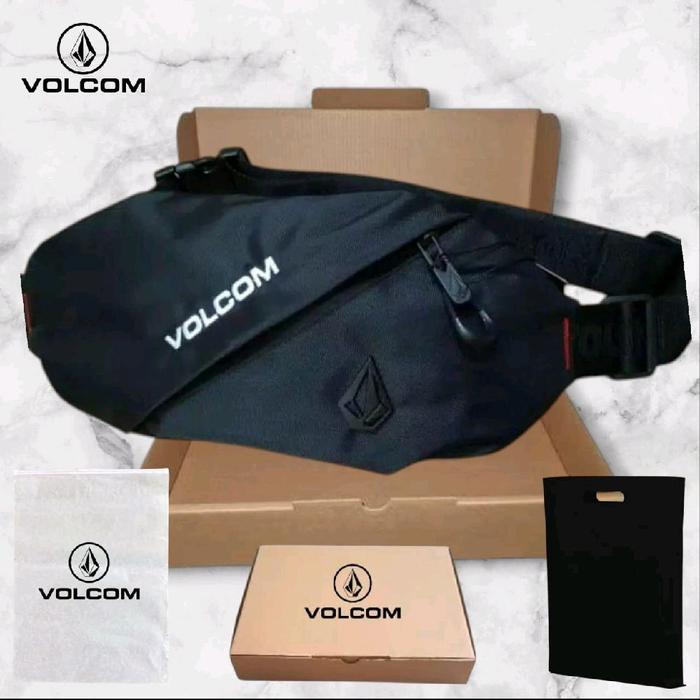 Volcom Tas Pinggang Pria Premium Logo Besi Hitam Cordura Waistbag Kompak Praktis dengan Resleting Be
