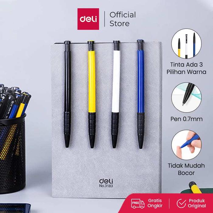 Deli Pulpen Retractable 0.7mm 36pcs/Box Warna Hitam Biru Merah, Klip, Tinta Tebal Gratis Hadiah 6546