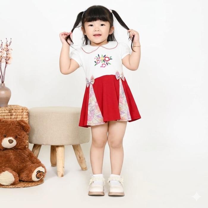 NAS Kids Baju Anak Perempuan Dress Bahan Kaos Katun Lengan Pendek Bordir Bunga Pita Motif Etnik Kera