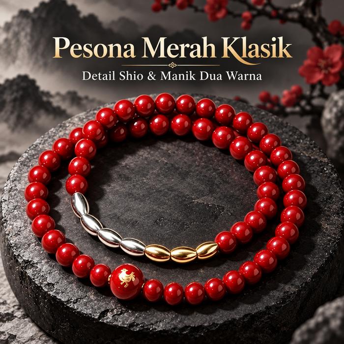 Gelang Cinnabar Tiga Emas Empat Perak Tujuh Butir Beras, Gelang Shio Dua Belas Hewan Gaya Tiongkok M