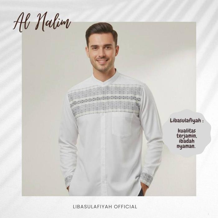 Libasulafiyah Baju Koko Kemeja Sanghai Katun Songket Putih Polos Pria Dewasa Lengan Panjang - Baju