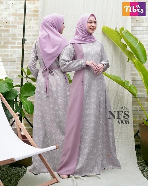 Nibras Gamis NFS 005 Abu mix Lylac size XL stok limit motif bunga bahan crape
