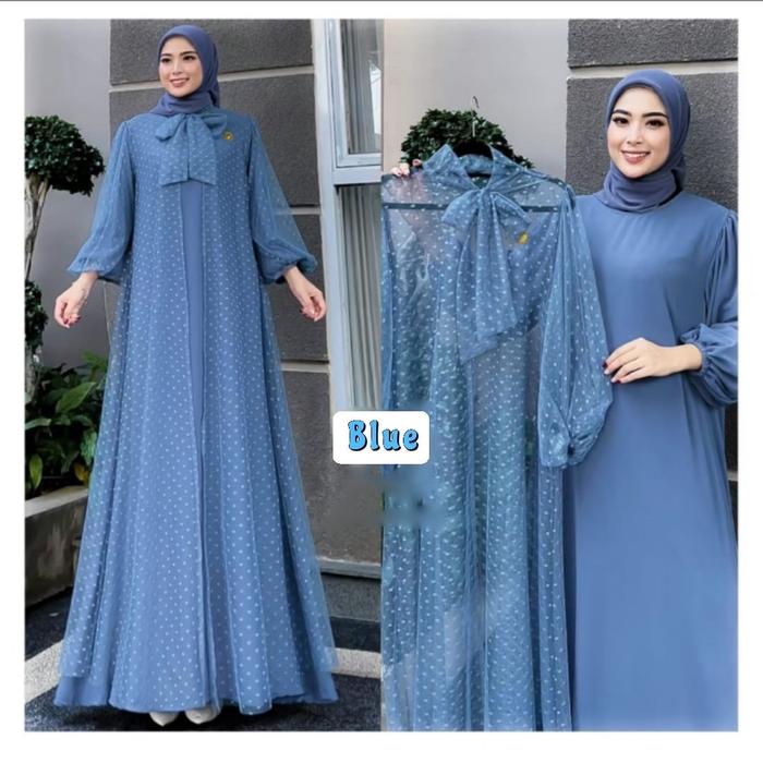 Baju Gamis wanita Dewasa Set Outer Full Tille Polkadot Model Terpisah LD 110 Serena Set Dress 2IN1 B