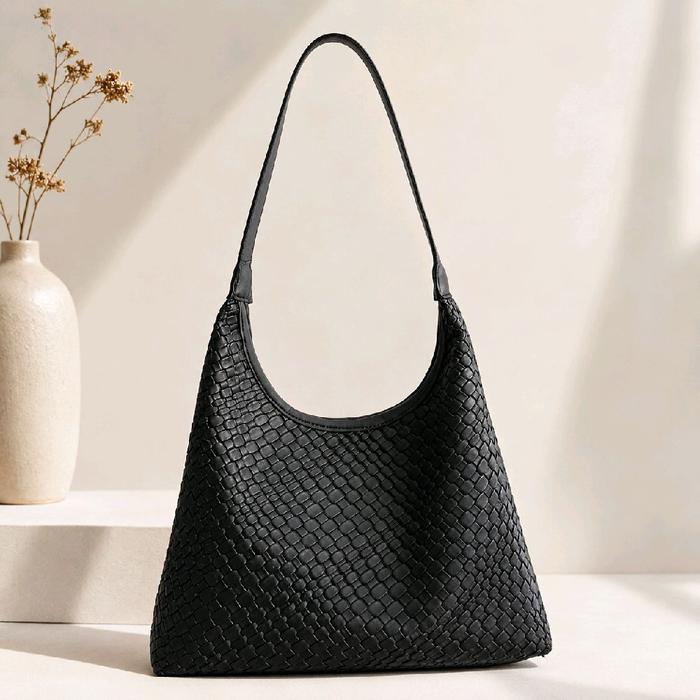 Shoulder Bag Wanita Motif Anyaman Kulit Sintetis Premium Tas Bahu Fashion Elegan Warna Hitam Style (