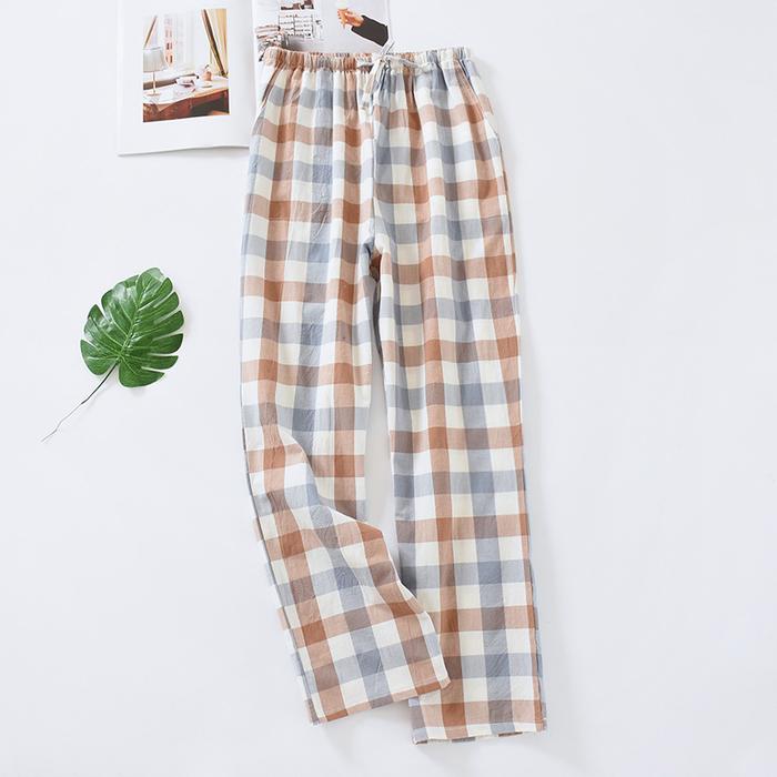 Fdfklak Washed Cotton Plaid Pajamas Pant Men's Woven Pockets Home Pants Casual Loose Male Sleep Trou