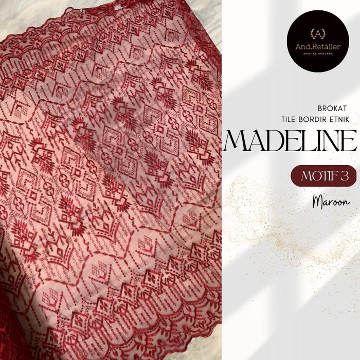 Kain BahanKebaya Etnik Brokat Tile Bordir Madeline3 Warna Merah Maroon