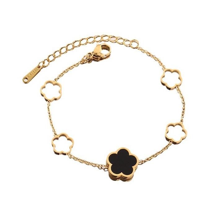 Spar.co Gelang  Aloha  Dua Sisi  Mutiara Hitam Bunga Plum Clover Aksesoris Perhiasan Cewek Emas Tita