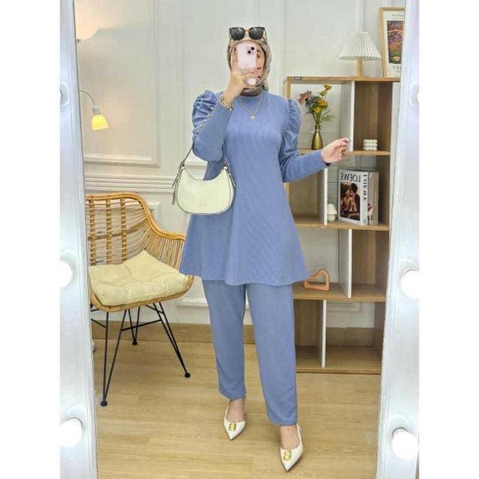 SETELAN GISELA TUNIK TANGAN BALON RIB KNIT FIT TO XL // SETELAN POLOS LENGAN BALON // OOTD HIJABSTYL