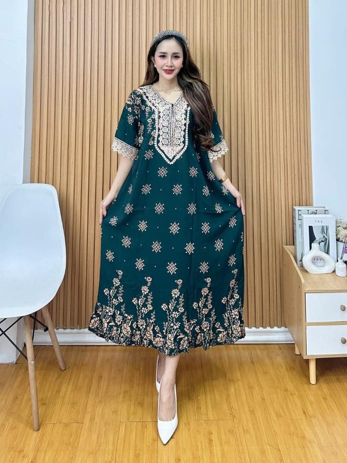 Daster Renda Arab Motif Pollka Dress Rayon Premium Super Jumbo LD 140cm PB 120cm Busui Santai Arab B