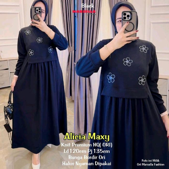 (Free Hijab) Gamis Wanita Terbaru Modern Alicia Maxy Hitam Knit Premium HQ Original LD 120 Dress Mus