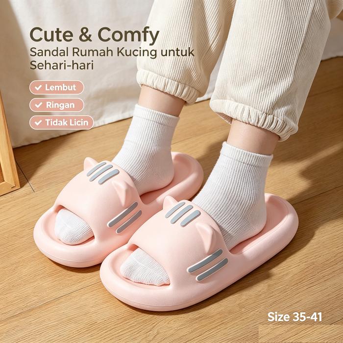 Sandal Rumah Wanita Motif Kucing Kartun Lucu Anti Selip Sandal Mandi Indoor Outdoor