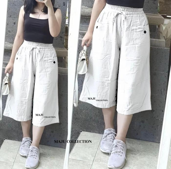 Celana Kulot 7/8 Kancing Bahan Linen Premium Kekinian Pinggang Karet Celana Wanita Kulot Linen Stand