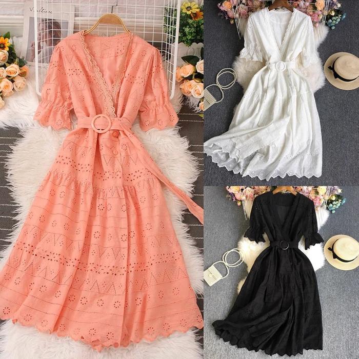 D1409 MASHIRO KOREAN STYLE EYELET VINTAGE MIDI DRESS BELT SIMPLE POLOS
