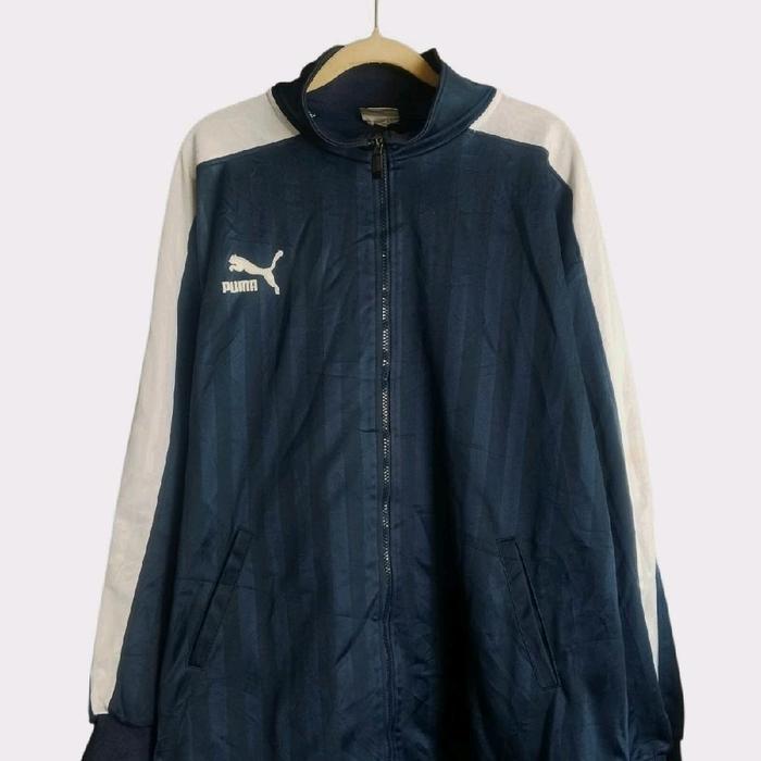 Puma Tracktop Vintage XXL Navy Pekat Gradasi Biru Taped Embossed - Jaket Casual Retro untuk Pria