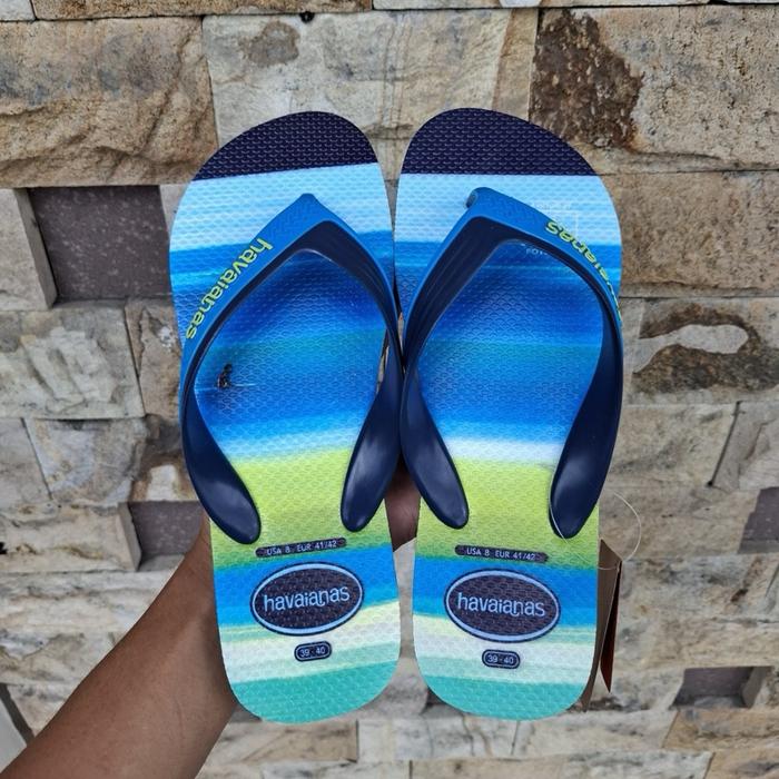 Havaianas Sandal Hava Cowok Tali Besar dengan Desain Laut Biru Hijau dan Logo Havaianas