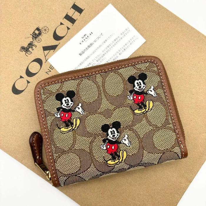 Wallet Disney X Coach CN035 Small Zip Around Wallet Signature Jacquard Mickey Mouse Print New