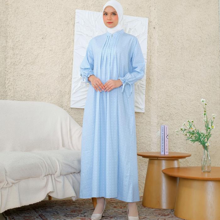 RILLEY-Gamis Vera Wanita Trendy Bahan Poplin dan Rayon Slub Adem Motif Zipper Depan Lengan Karet