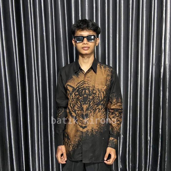 Baju Batik Katun Pria Cowok Lengan Panjang Modern Kasual Premium SlimFit Motif MACAN MOCA
