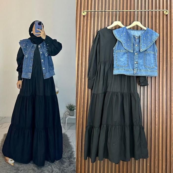 Setelan Gamis Kekinian 2024 Wanita Rompi Jeans  Terpisah Plus Dress Fuzi Viral - Muslim, Baju Maxi P