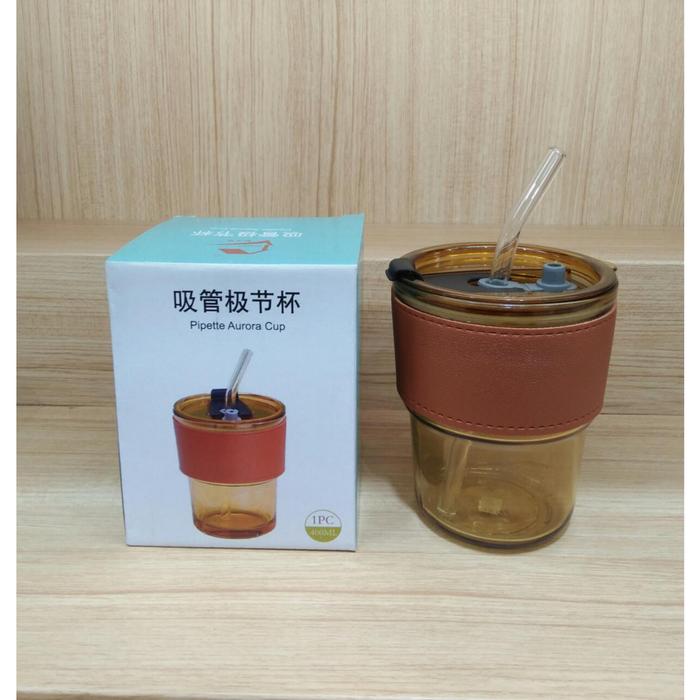 Gelas Tumbler / Gelas minum kaca + sedotan + Box (400 ml)