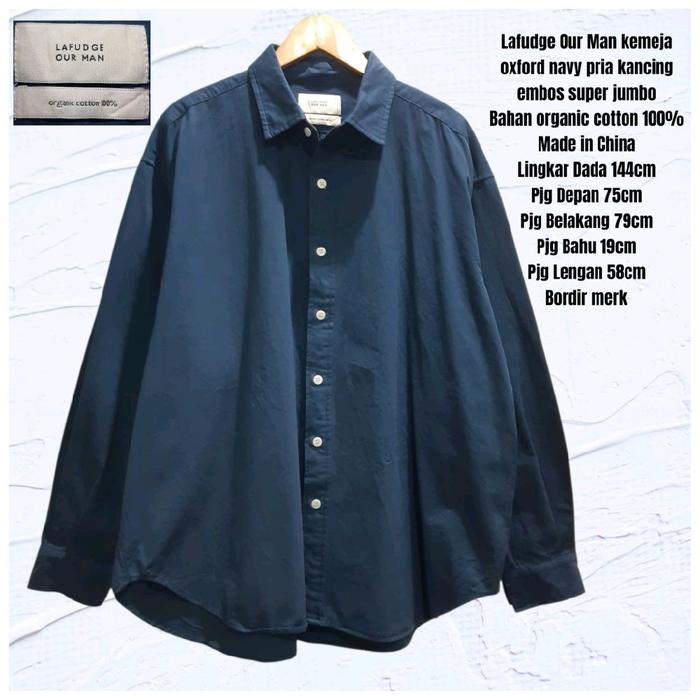 Lafudge Our Man kemeja oxford navy pria kancing embos super jumbo