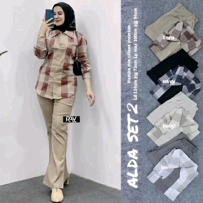 Baju wanita Alda set 2 crlan cutbray atasan kemeja kayjn haruka Setelan Panjang