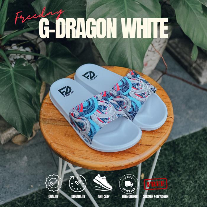 SANDAL SLIDES FREEDAY G-DRAGON WHITE BLUE RED SENDAL DISTRO PRIA EVA FOAM TECH