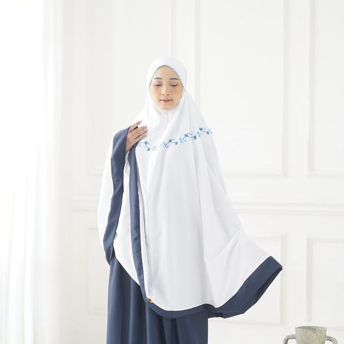 Mukena Santri - Aisyah Series Putih - Biru Bordir Bonus Sajadah / Mukena Bordir Santriwati Gontor