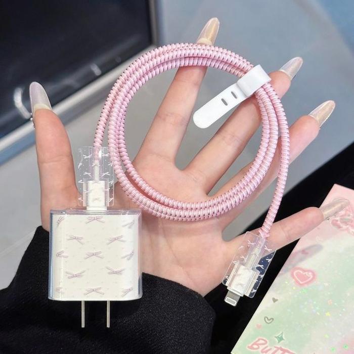 1 Set 5PCS Pelindung Kabel Charger iphone Pita Merah Muda Pita Kupu-kupu TPU Transparan Pelindung Ch