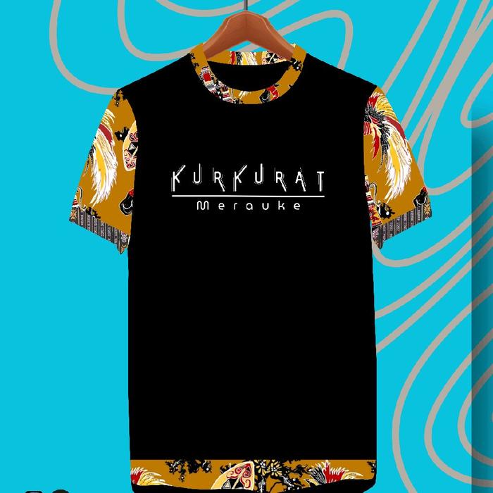Kurkurat Merauke - Kaos Pria Hitam dengan Lengan Motif Kuning dan Hitam Batik Papua