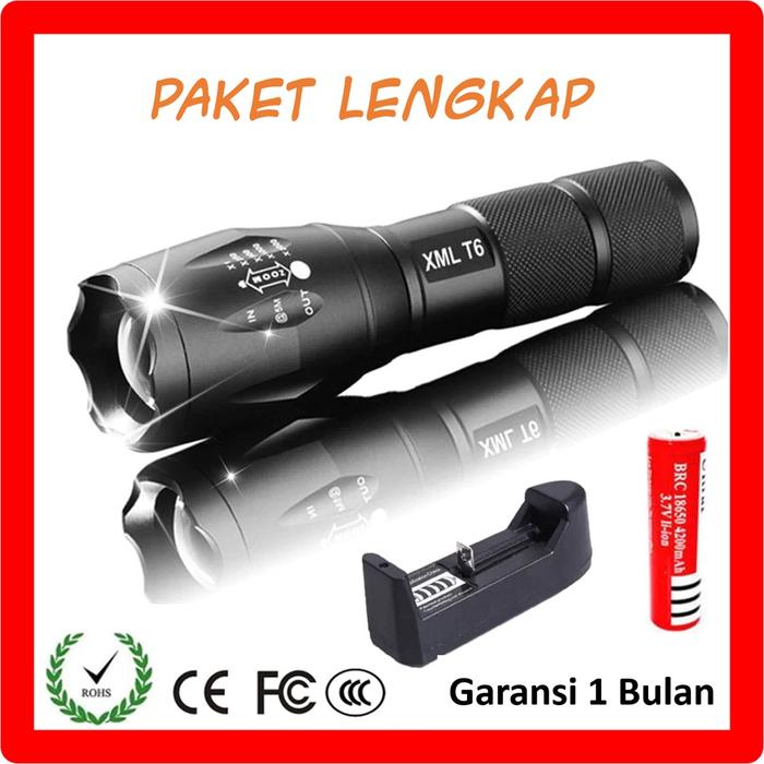 Paket Senter LED Cree XM-L T6 L2 Baterai Charger - Lampu Senter LED Taktis Super Terang