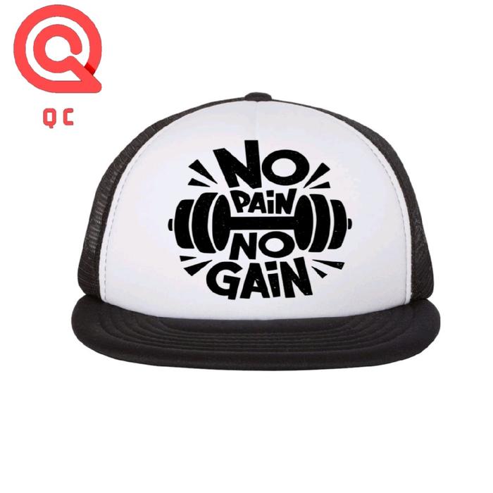 TOPI SNAPBACK TRUCKER JARING MOTIF NO PAIN NO GAIN Putih Pria