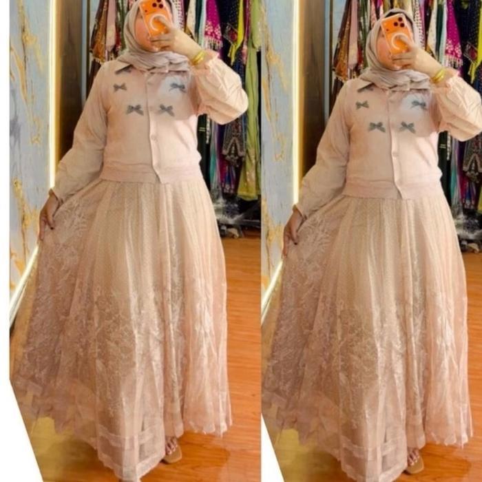 Gamis Setrompi Lepas Brokat Rajut Mewah Muslimah Elegan Motif Daun Hijau Tua Topi Hijab Hijau Muda T