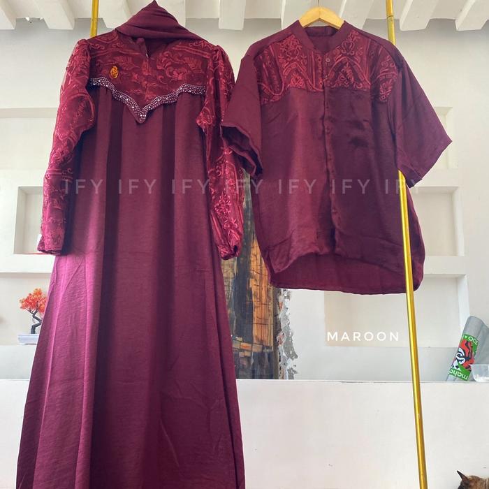 Gamis Couple Lebaran Ayah Ibu Premium Jumbo Cowok Cewek Brokat Brukat Pesta Mewah set jilbab segiemp