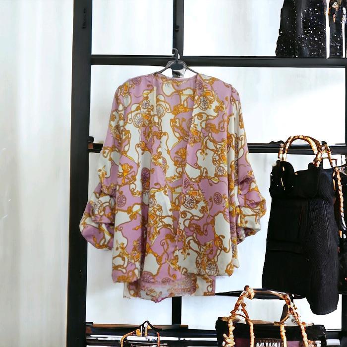 Baju Blouse Cewek Wanita Maxmara Kimono Motif Rantai Biru Dusty Biru Telor Asin Biru Langit Dongker