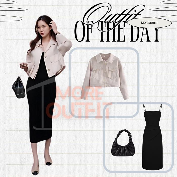 Outfit Style Setelan Rok Wanita Kekinian Jaket Crop Inner Dress Shoulderbag NARNIA LM37