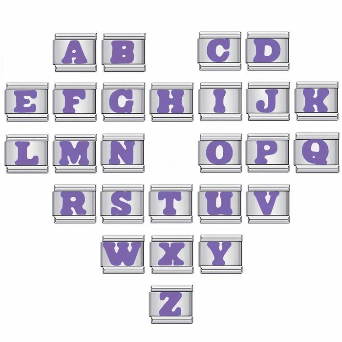 [HURUF Ungu] Italian Bracelet Charm Letters Alphabet Silver Purple Silver Stainless italy