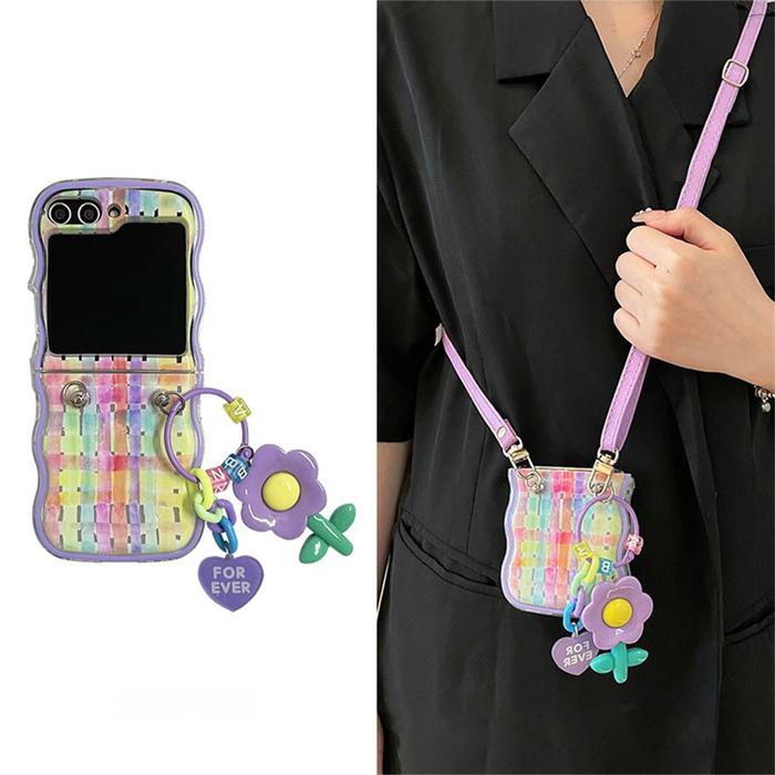Korean Cute Crossbody Lanyard Leather Strap Flower Pendant Case for Samsung Galaxy Z Flip7 5 Z Flip5