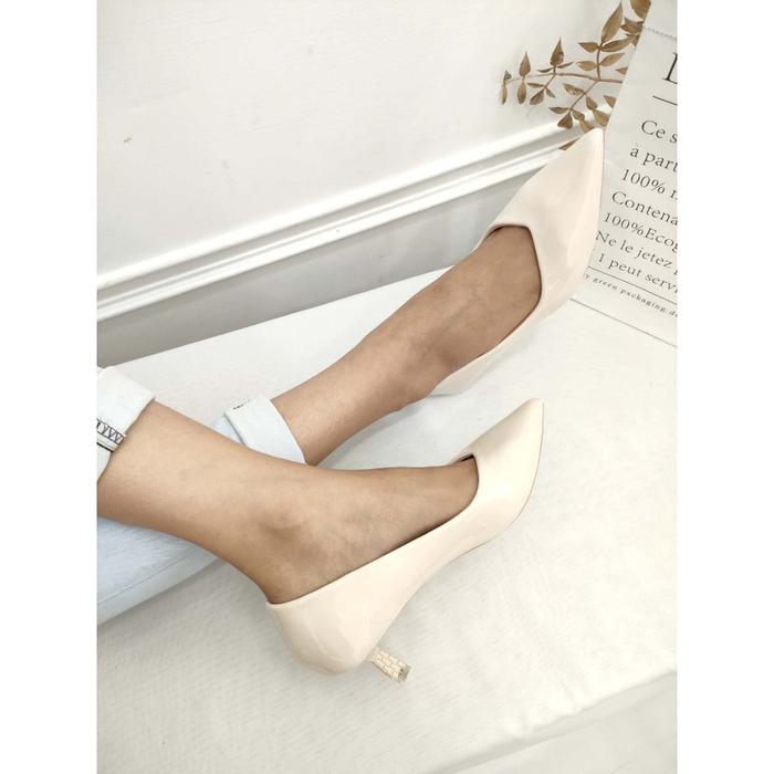 Simoncelli Sepatu Wanita Heels 5 Cm Glossy Mutiara Import Polos Sepatu Kerja Hitam Black Khaki Apric